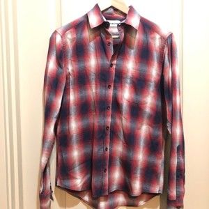 Taylor Stitch Men Long Sleeve Shirt 38 Button Up Navy Red Plaid Organic Cotton